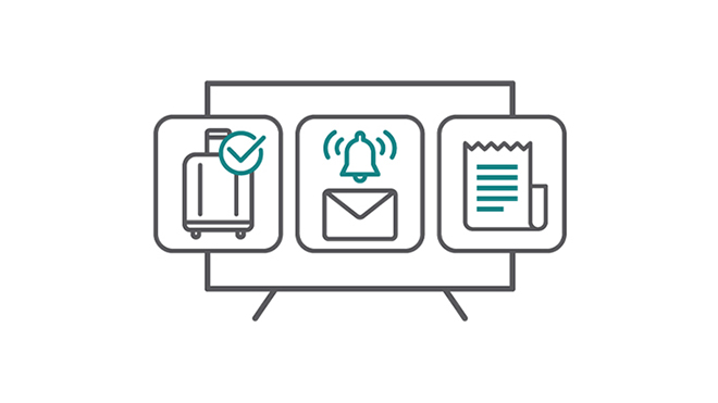 This is an image showing simple icons representing easy check-in, check-out, messaging, and billing services.