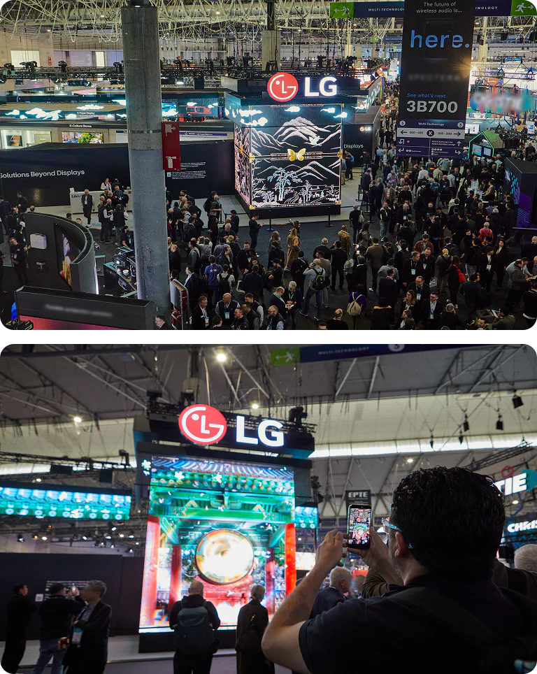 Crowds gathered to witness the visual impact of LG's Media Facade, which blends high-definition Fine Pitch LED with Transparent Mesh technology.